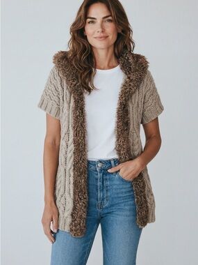 Apt. 9 Beige Cable Knit Cardigan with Brown Trim